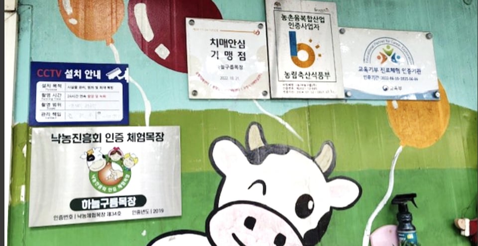 左下 銀色のプレート 낙농진흥회 인증 체험목장:韓国酪農振興会認定 体験牧場、하늘구름목장:ハヌルクルム牧場 中央のプレート 치매안심 가맹점:認知症安心加盟店(地域で認知症の方を見守る協力店・協力施設) 右上中央のプレート 농촌융복합산업 인증사업자:農村融合複合産業(6次産業化)認証事業者、농림축산식품부:農林畜産食品部(日本の農林水産省に相当) 右上のプレート 교육기부 진로체험 인증기관:教育寄付・進路体験 認証機関