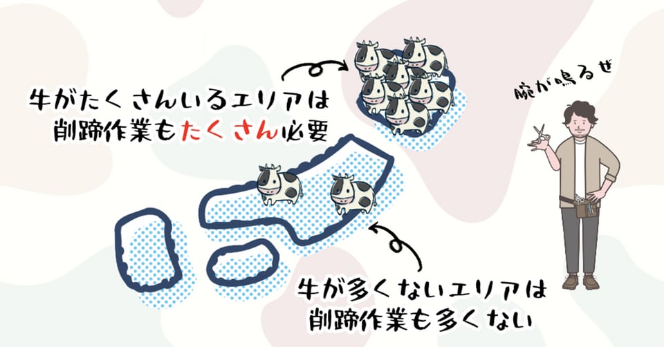 牛がたくさんいるエリアは削蹄作業もたくさん必要　牛が多くないエリアは削蹄作業も多くない