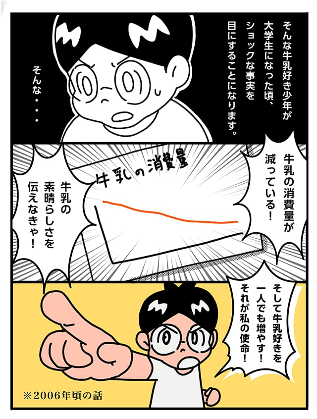 大学生の頃に目にした牛乳の消費量減少のニュースを機に使命感を燃やす。